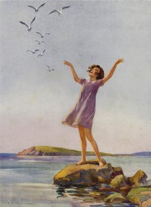 Tyttö nauttii auringonpaisteesta meren rannalla (väri litho) tekijältä Percy Bell Hickling