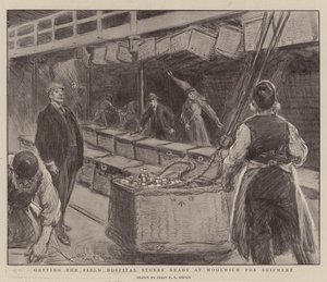 Woolwichin kenttäsairaalan myymälöiden valmisteleminen lähetystä varten tekijältä Percy F.S. Spence