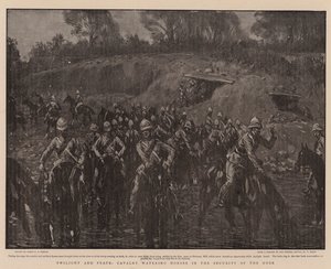 Hämärä ja rauha, ratsuväki juottaa hevosia hämärän turvassa tekijältä Percy F.S. Spence