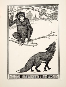 Apina ja kettu, julkaisusta A Hundred Fables of Aesop, pub.1903 (kaiverrus) tekijältä Percy J. Billingshurst
