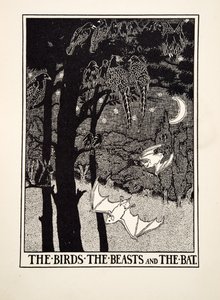 Linnut, pedot ja lepakko, teoksesta A Hundred Fables of Aesop, pub.1903 (kaiverrus) tekijältä Percy J. Billingshurst