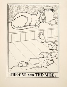 Kissa ja hiiret, julkaisusta A Hundred Fables of Aesop, pub.1903 (kaiverrus) tekijältä Percy J. Billingshurst