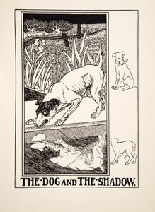 Koira ja varjo, julkaisusta A Hundred Fables of Aesop, pub.1903