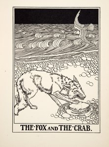 Kettu ja rapu, julkaisusta A Hundred Fables of Aesop, pub.1903 (kaiverrus) tekijältä Percy J. Billingshurst