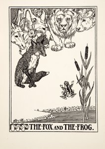 Kettu ja sammakko, julkaisusta A Hundred Fables of Aesop, pub.1903 (kaiverrus) tekijältä Percy J. Billingshurst
