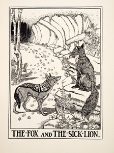 Kettu ja sairas leijona, julkaisusta A Hundred Fables of Aesop, pub.1903 (kaiverrus) tekijältä Percy J. Billingshurst