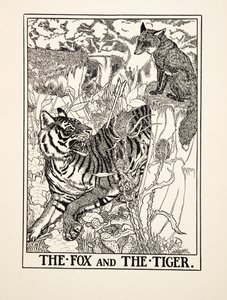 Kettu ja tiikeri, julkaisusta A Hundred Fables of Aesop, pub.1903 (kaiverrus) tekijältä Percy J. Billingshurst