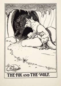 Kettu ja susi, julkaisusta A Hundred Fables of Aesop, pub.1903 (kaiverrus) tekijältä Percy J. Billingshurst
