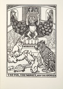 Kettu, apina ja eläimet, teoksesta Fontaine Fables, pub. 1905