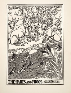 Jänikset ja sammakot, julkaisusta A Hundred Fables of Aesop, pub.1903
