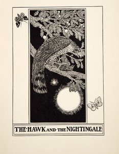 Haukka ja satakieli, julkaisusta A Hundred Fables of Aesop, pub.1903