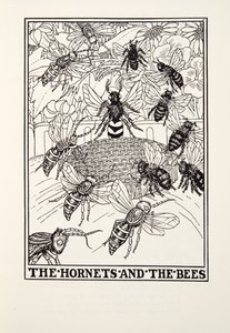 Hornetit ja mehiläiset, Fontaine Fables, pub. 1905 (kaiverrus) tekijältä Percy J. Billingshurst