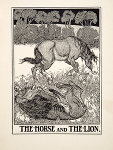 Hevonen ja leijona, julkaisusta A Hundred Fables of Aesop, pub.1903
