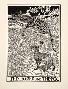 Leopardi ja kettu, julkaisusta A Hundred Fables of Aesop, pub.1903