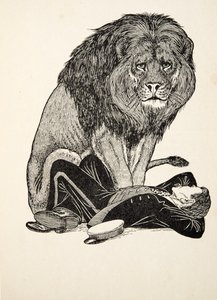 Leijona ja hänen vartijansa, A Hundred Anekdootes of Animals, pubista. 1924 tekijältä Percy J. Billingshurst