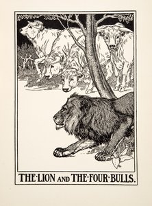 Leijona ja neljä härkää, teoksesta A Hundred Fables of Aesop, pub.1903 (kaiverrus) tekijältä Percy J. Billingshurst