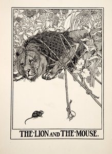 Leijona ja hiiri, julkaisusta A Hundred Fables of Aesop, pub.1903