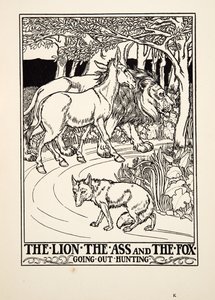 Leijona, aasi ja kettu metsästämässä, julkaisusta A Hundred Fables of Aesop, pub.1903 (kaiverrus) tekijältä Percy J. Billingshurst