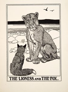 Leijona ja kettu, julkaisusta A Hundred Fables of Aesop, pub.1903