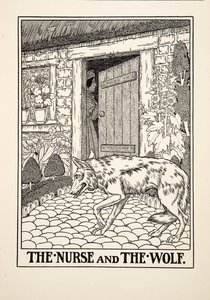 Sairaanhoitaja ja susi, julkaisusta A Hundred Fables of Aesop, pub.1903