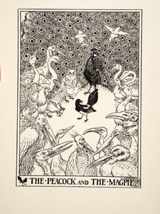Peacock and the Harakka, julkaisusta A Hundred Fables of Aesop, pub.1903 (kaiverrus) tekijältä Percy J. Billingshurst