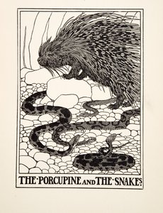 Porcupine and the Snakes, julkaisusta A Hundred Fables of Aesop, pub.1903 (kaiverrus) tekijältä Percy J. Billingshurst