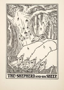 Paimen ja hänen lampaansa, julkaisusta A Hundred Fables of Aesop, pub.1903 (kaiverrus) tekijältä Percy J. Billingshurst