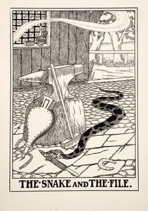 Snake and the File, julkaisusta A Hundred Fables of Aesop, pub.1903 (kaiverrus) tekijältä Percy J. Billingshurst