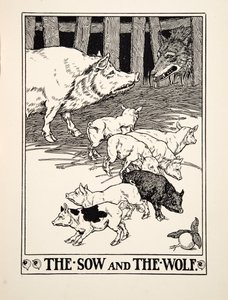 Emakko ja susi, teoksesta A Hundred Fables of Aesop, pub.1903 (kaiverrus) tekijältä Percy J. Billingshurst