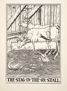 The Stag in the Ox Stall, julkaisusta A Hundred Fables of Aesop, pub.1903 (kaiverrus) tekijältä Percy J. Billingshurst