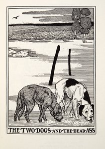 Kaksi koiraa ja kuollut aasi, teoksesta Fontaine Fables, pub. 1905