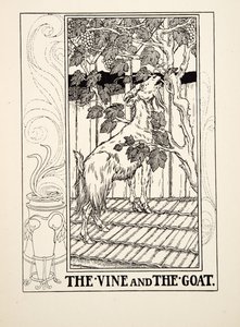 Viiniköynnös ja vuohi, julkaisusta A Hundred Fables of Aesop, pub.1903 tekijältä Percy J. Billingshurst