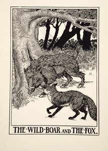Villisika ja kettu, julkaisusta A Hundred Fables of Aesop, pub.1903 (kaiverrus)
