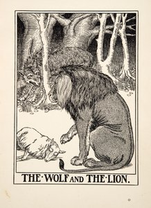 Susi ja leijona, julkaisusta A Hundred Fables of Aesop, pub.1903 (kaiverrus) tekijältä Percy J. Billingshurst