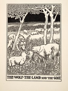 Susi, lammas ja vuohi, julkaisusta A Hundred Fables of Aesop, pub.1903 (kaiverrus) tekijältä Percy J. Billingshurst