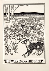 Sudet ja lampaat, julkaisusta A Hundred Fables of Aesop, pub.1903 (kaiverrus)