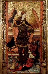 Arkkienkeli Mikael punnitsemassa kuolleiden sieluja, 1500-luvun alku. tekijältä Pere Espalargues the younger