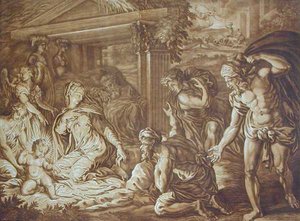 Paimenten palvonta, kaiverrus Elisah Kirkhall (1682-1742) 1724 (väri litho) tekijältä Perino del Vaga