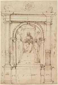 Alttaritaulu Madonna ja lapsi pyhimysten kanssa arkkitehtonisessa ympäristössään tekijältä Perino del (1501-47) Vaga