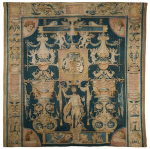Neptunusta kuvaava allegorinen kuvakudos Doria Grotesques -sarjasta, jossa on keskellä oleva figuraalinen pyöreä Poseidonin yläpuolella, Bryssel, n. 1545-50 tekijältä Perino del Vaga