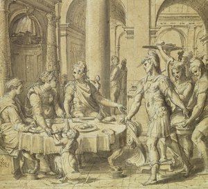 Didon ja Aeneaksen juhla, malli kuvakudossarjasta Story of Aeneas, n. 1532 (kynä ja muste ja pesu paperille)