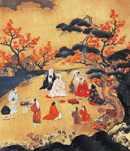 Naiset katsovat vaahterapuita Takaossa, näyttö, Azuchi-Momoyama-kausi (1568-1600), Japani 1500-luku, yksityiskohta