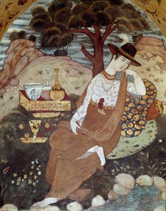 Abbas I:n vallan alainen persialainen prinsessa, lepää 1600-luvulla. Fresko 40 pylvään palatsista (Chehel Sotoun) Isfahanissa (Isfahan tai Esfahan, Isfahan), Iran. tekijältä Persian School