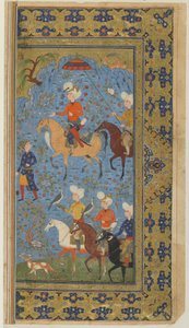 Firdawsin kuninkaallinen metsästys Shahnamasta (kuninkaiden kirja), n. 1590-1600 (muste, läpinäkymätön akvarelli ja kulta paperille) tekijältä Persian School