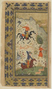 Firdawsin kuninkaallinen metsästys Shahnamasta (kuninkaiden kirja), n. 1590-1600 (muste, läpinäkymätön akvarelli ja kulta paperille) tekijältä Persian School