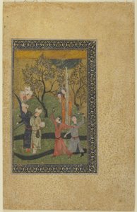 Prinssi ja prinsessa hovimiesten ympäröimänä puutarhassa, n. 1480 tekijältä Persian School