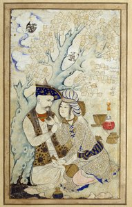 Taide-islam: Shah Abbas I:n muotokuva syleilemässä yhtä hänen sivuistaan. Persialainen piirros vuodelta 1672. Mitat: 0,16 x 0,27 m. Pariisi, Musee du Louvre tekijältä Persian School