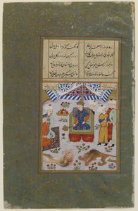 Bahram Gur valtaistuimella leijonien tappamisen jälkeen, n. 1490 (peittävä akvarelli, muste ja kulta paperilla). tekijältä Persian School