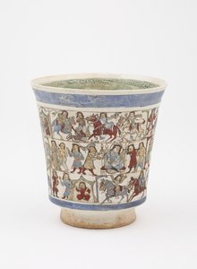 Dekantterilasi, joka kuvaa "Shahnama", Kashan, Iran, Saljuq-kausi, 1100-luvun loppu (kivitahna maalattu lasitteen alle ja lasitteen päälle emalilla) tekijältä Persian School