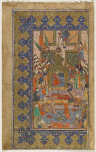 Bilqis valtaistuimelle Khamsa (kvintetti), n. 1560 (läpinäkymätön akvarelli, mustetta ja kultaa paperilla) tekijältä Persian School